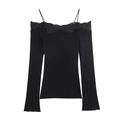 Off-shoulder black long sleeve knit top with delicate lace trim and thin shoulder straps - S / Black