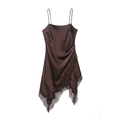 Detail of dark brown satin dress with floral lace trim and delicate silk-like texture - Dark Brown