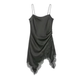 Close-up of black satin dress featuring a delicate eyelash lace trim and asymmetric hemline - Charcoal Black