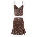 Donkerbruine polkadot set met kanten hemdje en modieuze mini-rok met ruches - S / Karamel Koffie