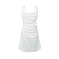 Elegant pearl white satin mini dress with spaghetti straps and ruched bodycon details - S / White