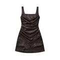 Elegant chocolate brown satin ruched mini dress with thin straps and a square neckline - S / Brown