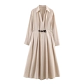 Vestido midi caqui para mujer con manga larga, escote en V profundo y cinturón negro fino - XS / Beige