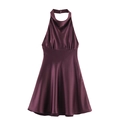 Elegant deep purple satin halter dress with draped neckline and ruched waist detail - XS / Wine Red