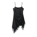 Elegant black satin slip dress with lace hem and asymmetric cut on white background - XS / Black