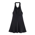 Close-up of halter neckline with elegant draping on a black satin texture mini dress - XS / Black