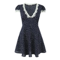 Marineblauwe polka dot jurk met V-hals, witte kant en klein bloemendetail - S / Donkerblauw