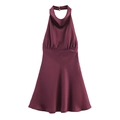Detail view of the cowl neck and neck buttons on the burgundy satin backless mini dress - XS / Burgundy