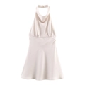 Elegant champagne satin halter neck mini dress with backless design and A-line silhouette - XS / Champagne