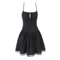 Polka dot camisole dress with waist-slimming fit, bow neckline and floral lace hemline - S / Black Polka Dot