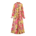 Elegante geplooide maxi-jurk met V-hals, abstracte bloemenprint en bijpassende riem - XS / Gedrukt