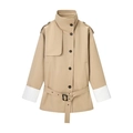 Elegant khaki trench coat with contrast white cuffs and belt for stylish women - S / Khaki & Beige