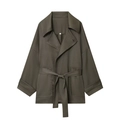 Army green short trench jacket with waist belt and wide lapels shown in flat lay - XS / Tops / Green