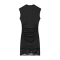 Detailed view of black sleeveless dress featuring side ruching and floral lace hem finish - S / Dresses / Black