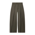 Detail of high-waist pleated wide-leg trousers in deep olive green woven fabric - XS / Pants / Green