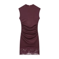 Detail of burgundy sleeveless mini dress with ruched waist and lace hem trim - S / Dresses / Dark Red