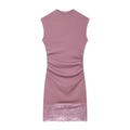 Sleeveless rose pink mini dress with side ruching and delicate lace trim detail - S / Dresses / Peach
