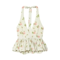 Halterneck-Top mit tiefem V-Ausschnitt und Schößchensaum im floralen Muster - XS / Gelb Blumig