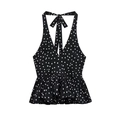 Schickes schwarzes Neckholder-Top mit weißen Punkten, V-Ausschnitt und Rüschensaum - XS / Schwarzer Polka Dot