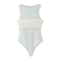 Body bianco senza maniche da donna con inserti in rete trasparente e fascia seno - S / Bianco