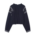 Dunkelblaue Langarmbluse mit bestickten Schultern und plissierter Stoffstruktur - XS / Marineblau