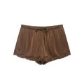 Women's dark brown satin lounge shorts with delicate lace trim and ribbon drawstring - XS / Brown