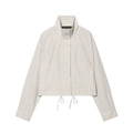 Short plaid nylon jacket with stand collar and drawstring hem for women in beige - Tops