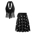Retro-Zweiteiler bestehend aus schwarzem Halter-Top und weiß gepunktetem A-Linien-Rock - S / Set mit schwarzen Zirkonia
