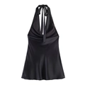 Elegante zwarte satijnen halterjurk met strik aan de achterkant en gedrapeerde halslijn - XS / Zwart