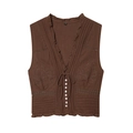 Women's dark brown sleeveless vest with V-neck embroidery and delicate lace ruffle hem - XS / Brown