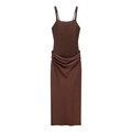 Koffiebruine corset midi-jurk van satijn met rimpeling en verstelbare bandjes - S / Bruin