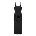 Elegante zwarte midi-jurk met ruches, een slanke pasvorm en een vierkante halslijn - S / Zwart
