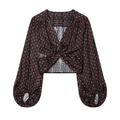 Damen V-Ausschnitt Cropped Blumenbluse mit langen Laternenärmeln und Knotendetail - XS / Bedruckt