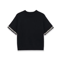 Women's black short sleeve knit sweater with faux pearl and rhinestone trim on cuffs - S / Black