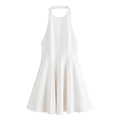 Detailed view of the white halter neck dress with structured A-line skirt and pleated seams - White