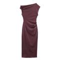 Elegant burgundy one-shoulder pleated dress with slim fit and midi wrap silhouette - S / Burgundy