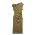Elegant olive green one shoulder ruched midi dress with asymmetric draping for women - S / Matcha Green