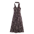 Chique donkerbruine mouwloze jurk met witte stippen, V-hals en elegante gedrapeerde taille - S / Donkerbruin