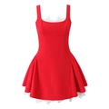 Elegant red square neck mini dress with white lace trim and slimming A-line silhouette - S / Red