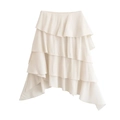 Minifalda beige de capas con dobladillo asimétrico y volantes fluidos modernos - XS / Blanco lechoso