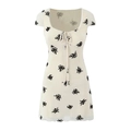 Eng anliegendes beiges Blumenkleid mit U-Ausschnitt, Spitzenbesatz und kleiner Schleife - S / Bedruckt