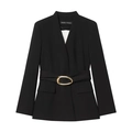 Women's black long sleeve blazer with gold oval buckle belt and minimalist V-neck design - XS / Blazer (Black)