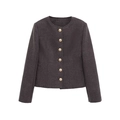 Blazer in tweed grigio scuro da donna con scollo rotondo e bottoni dorati in piano - XS / grigio scuro