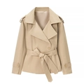 Chic beige short trench coat for women with classic lapels and adjustable waist belt - S / Khaki