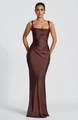 Elegant chocolate brown square neck satin fishtail evening maxi dress with lace-up waist - S / Coffee