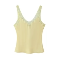 Elegant pale yellow satin camisole with deep V-neck and delicate lace trim for women - XS / Yellow