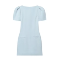 Elegant light blue short sleeve dress with puff sleeves and decorative pockets - XS / Blue