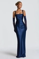 Elegant navy blue satin evening gown with square neck, waist tie, and matching gloves - S / Blue