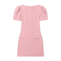 Pink short sleeve mini dress featuring round neck, puff sleeves and decorative pockets - XS / Pink