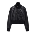 Detail of the high collar, zipper, and ribbed cuffs on this black faux leather bomber jacket - Black